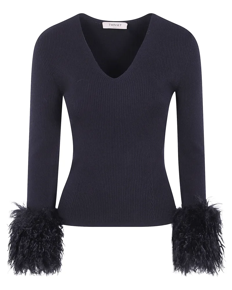 Twin-Set Sweater V-Neck Fur Cuffs Black