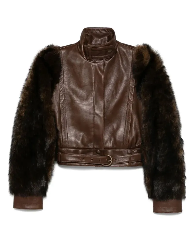 Chloé Cropped Leather Fur Jacket Brown