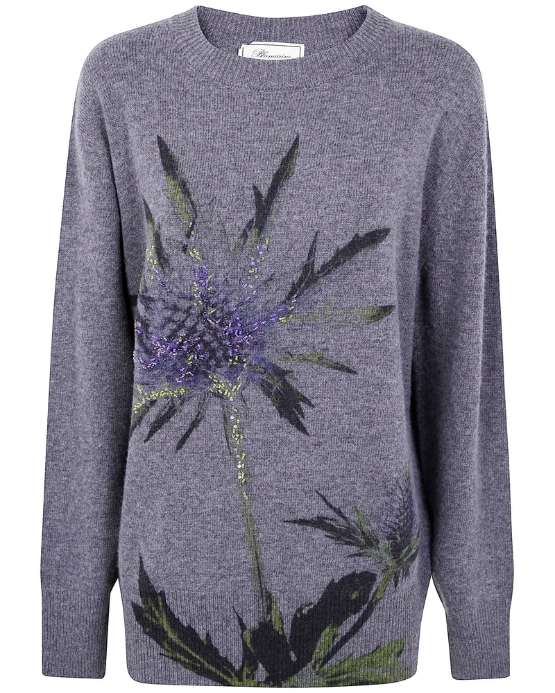 Blumarine Thistle" Print Knit Round Neck Sweater Gray
