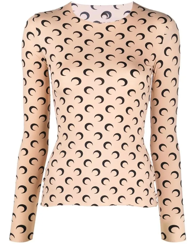 Marine Serre Moon" Printed Jersey Long Sleeves Crewneck Top Brown
