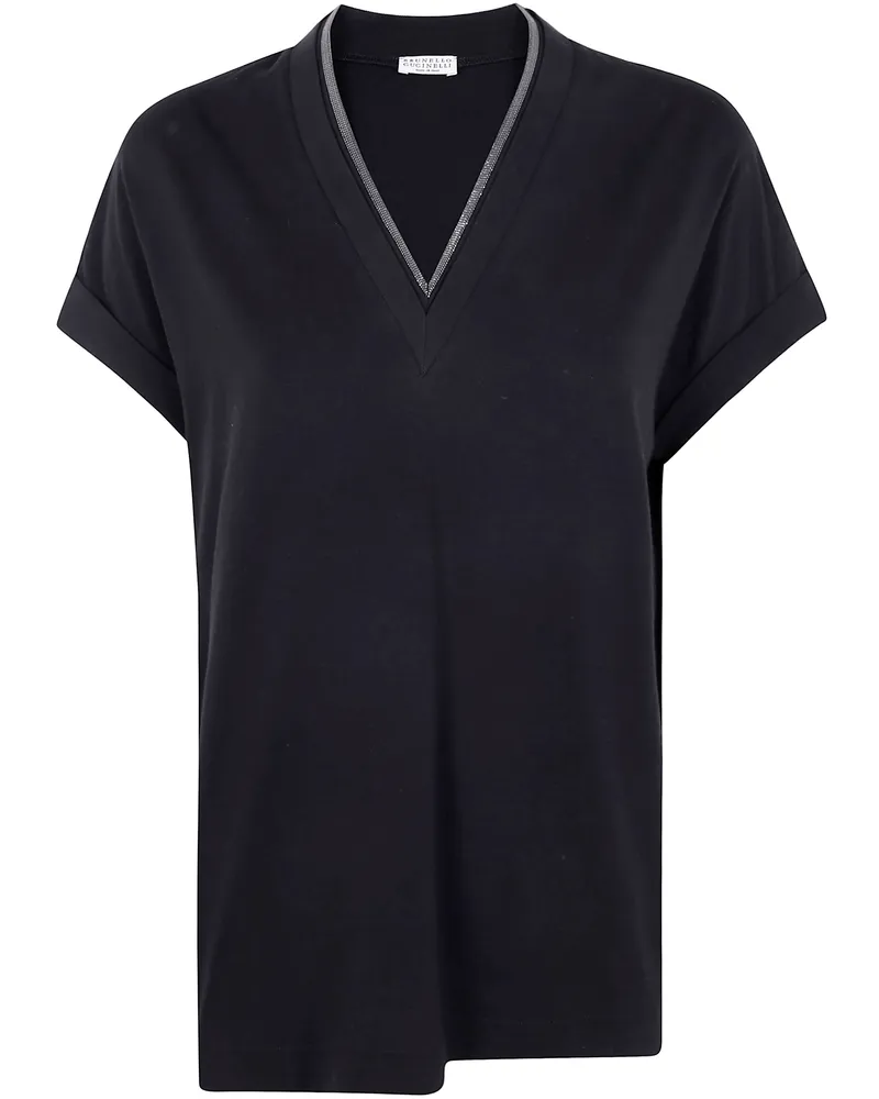 Brunello Cucinelli Monili Collar Vneck Tee Shirt Black