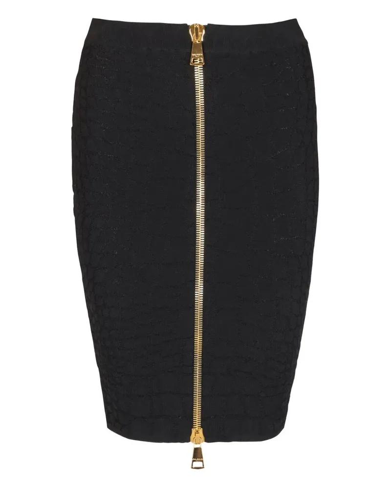 Balmain Hw Zipped Croco Knit Knee Lenght Skirt Black