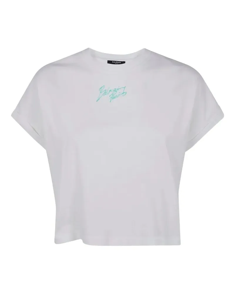 Balmain Short Sleeves "Balmain Paris" Cropped T-Shirt White