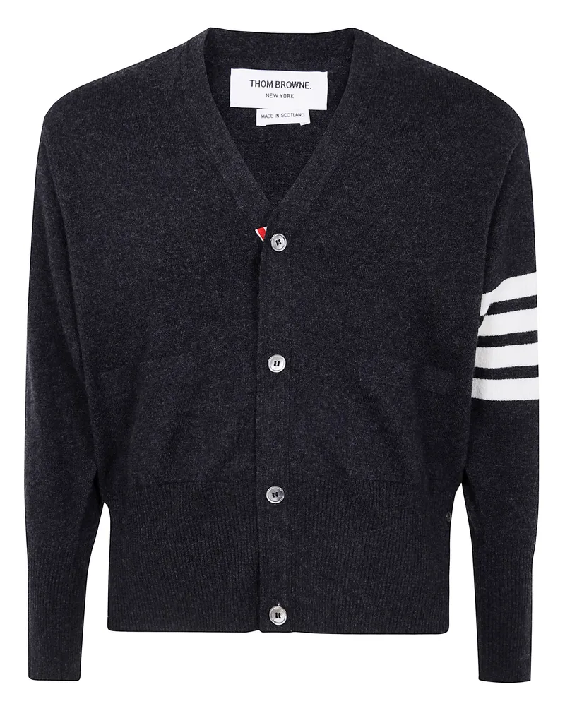 Thom Browne Classic Short V Neck Cardigan With White Bar Stripe In C Gray
