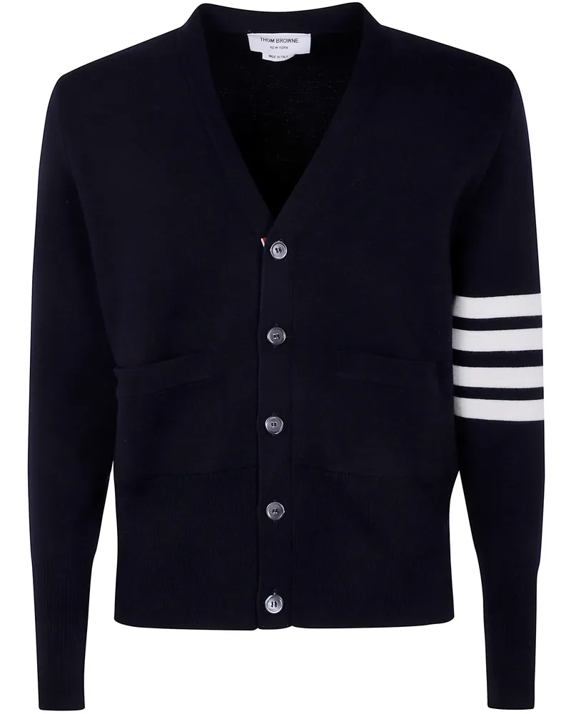 Thom Browne Milano Stitch V Neck Cardigan With 4 Bar In Fine Merino Wo Blue