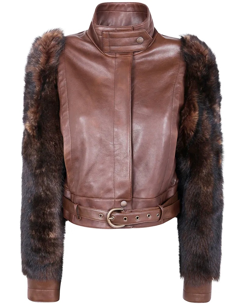 Chloé Cropped Leather Fur Jacket Brown