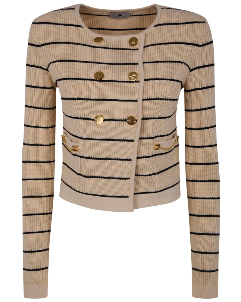 Elisabetta Franchi Stripes Tricot Round Neck Sweater Beige