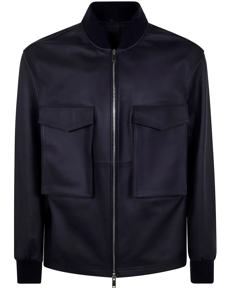 DESA Leather Patch Pocket Bomber Jacket By Desa Blue