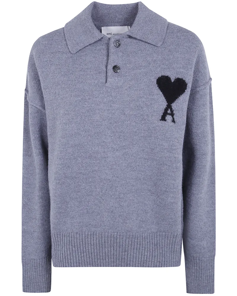 AMI Paris Polo Sweater Contrasted "Quota Ami De Coeur Gray