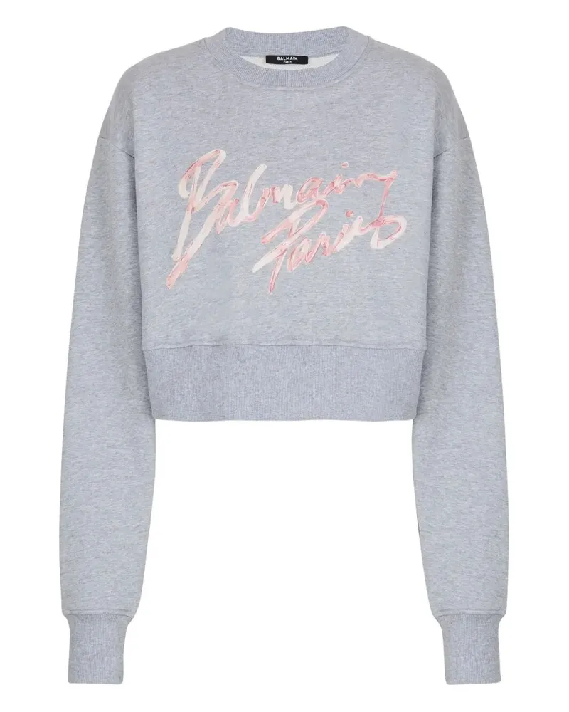 Balmain Balmain Paris" Cropped Roundneck Sweater Gray