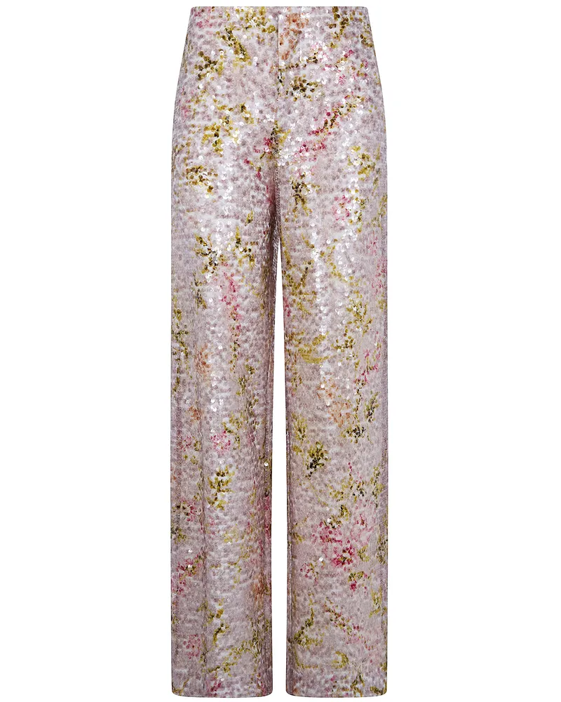 Alberta Ferretti Printed Sequins Wide Leg Trousers Beige