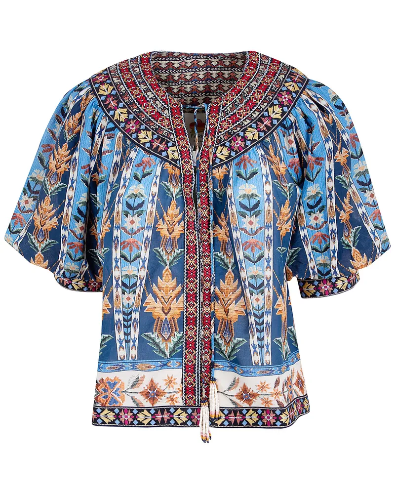 FARM Rio Embroidered Tapestry Short Sleeve Blouse Blue