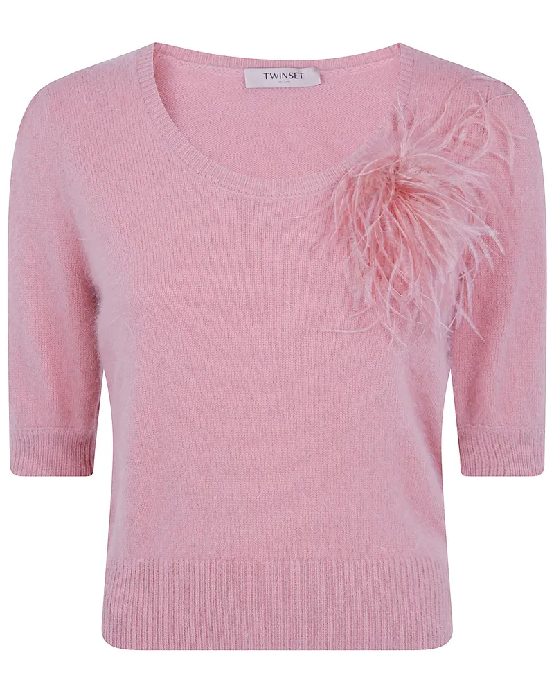 Twin-Set Sweater Short Sleeves Round Neck "Feathers Pink