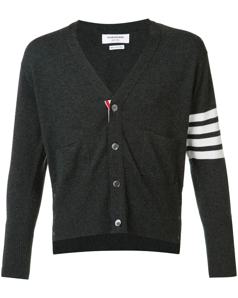 Thom Browne Classic Short V Neck Cardigan With White 4 Bar Stripe In C Gray
