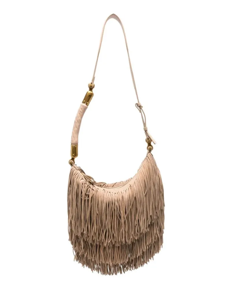Balmain Ebene" Hobo Fringes Suede Leather Bag Beige