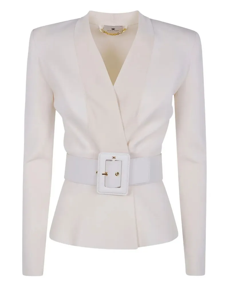 Elisabetta Franchi Belted V Neck Tricot Sweater White