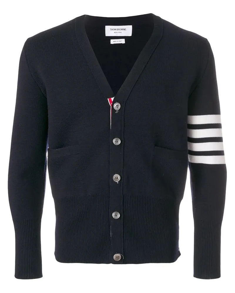 Thom Browne Milano Stitch V Neck Cardigan With 4 Bar In Fine Merino Wo Blue
