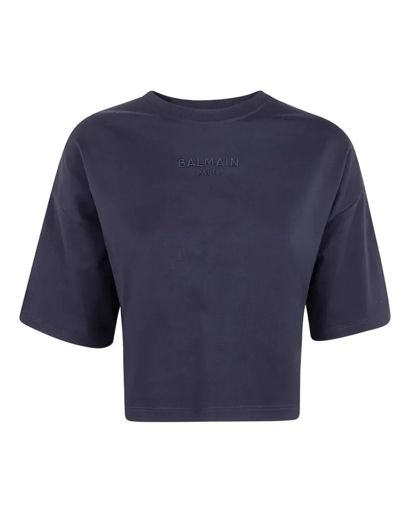 Balmain Small "Balmain Paris" Emb Cropped T-Shirt Black