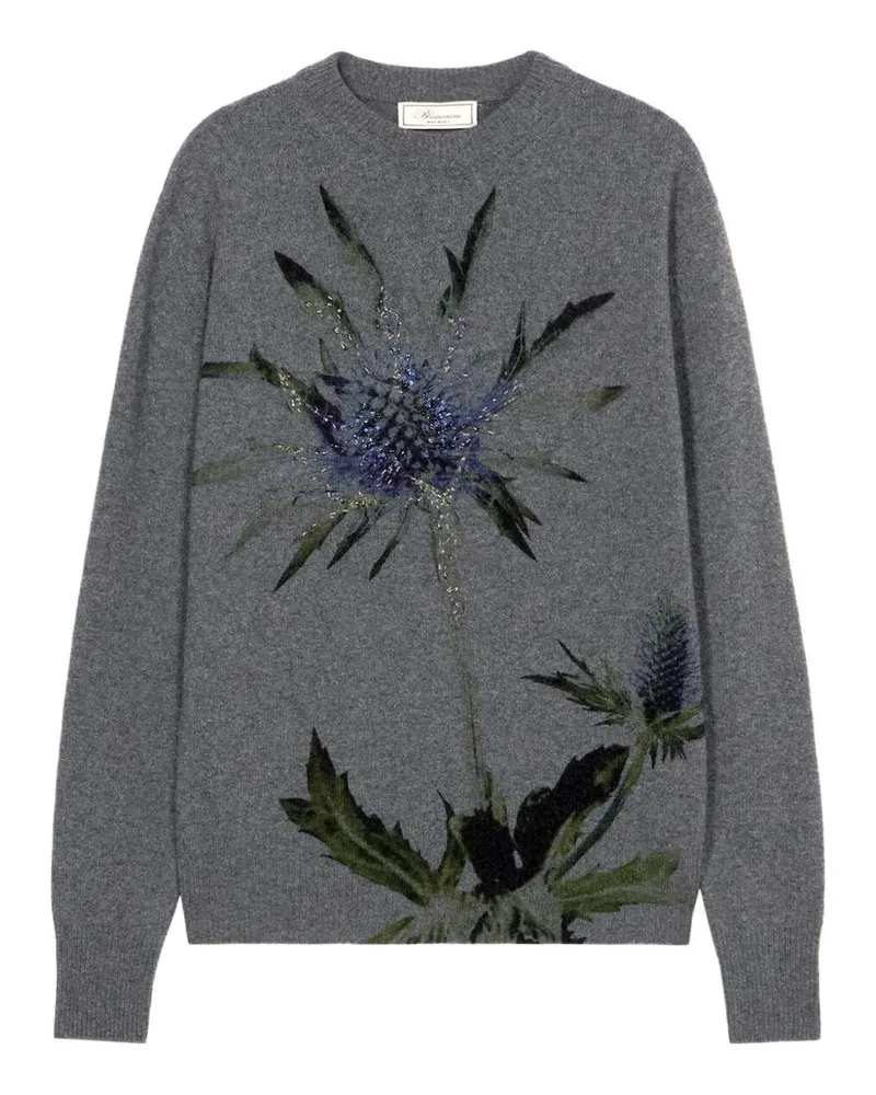 Blumarine Thistle" Print Knit Round Neck Sweater Gray