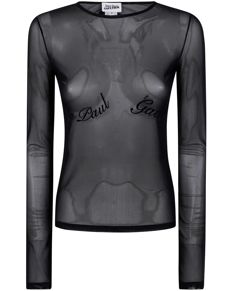 Jean Paul Gaultier Mesh Long Sleeves Top With Velvet Flock 'Jean Paul Black