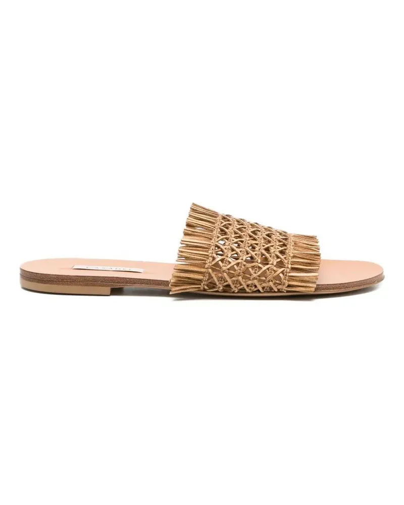 Casadei Flat Fringe Straw Slippers Beige