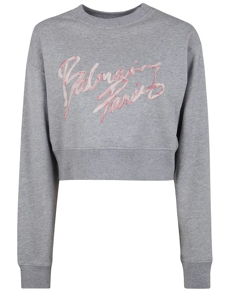 Balmain Balmain Paris" Cropped Roundneck Sweater Gray