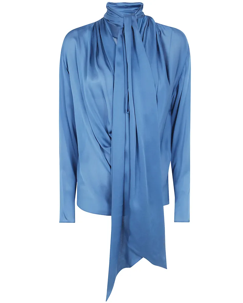 Balmain Blouse Open Neck Draped Silk Charmeuse Blue