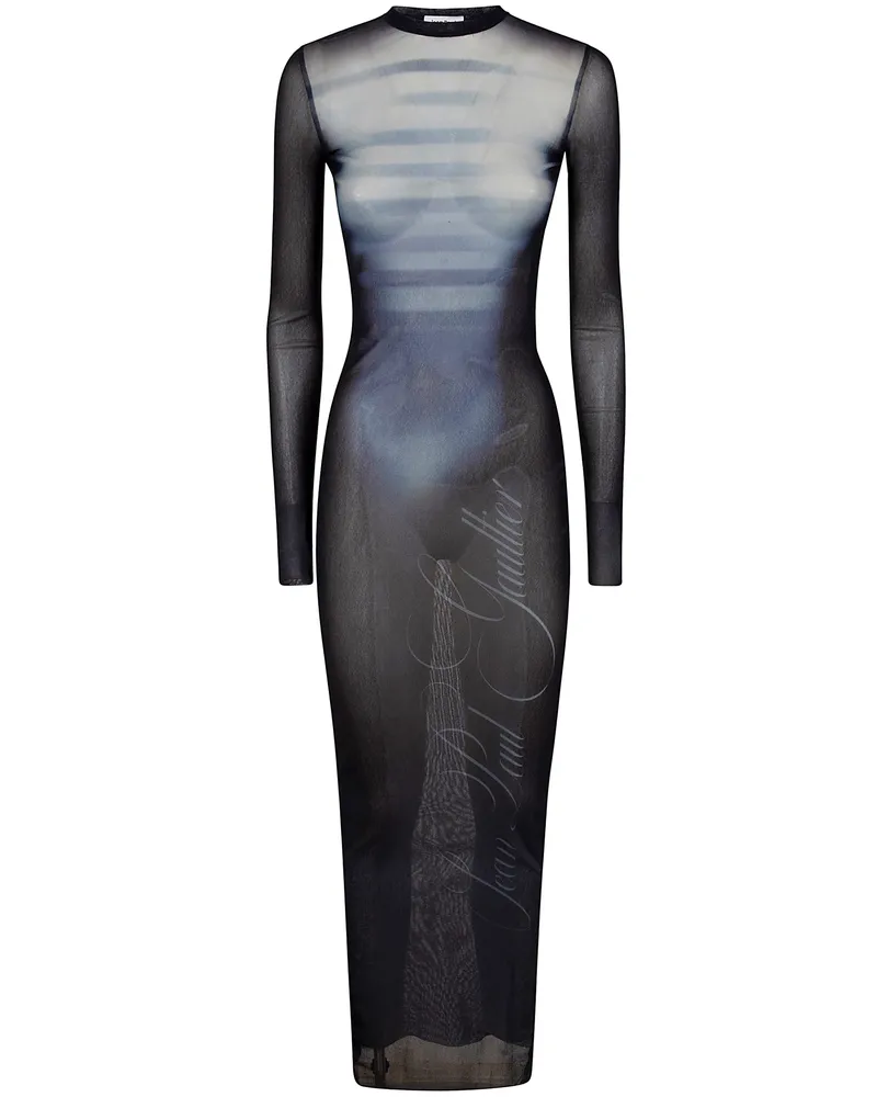 Jean Paul Gaultier Mesh Crew Neck Long Dress Printed "Le Mâle Blue