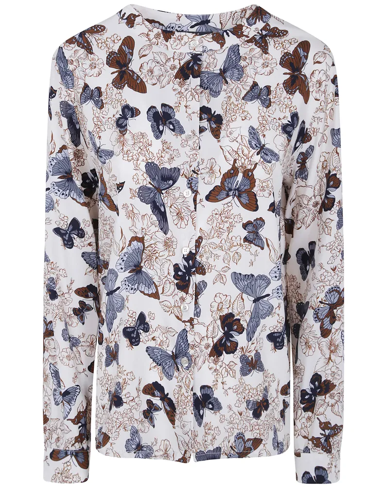 Laura Urbinati Shirt Butterfly Print Mandarin Collar Gray