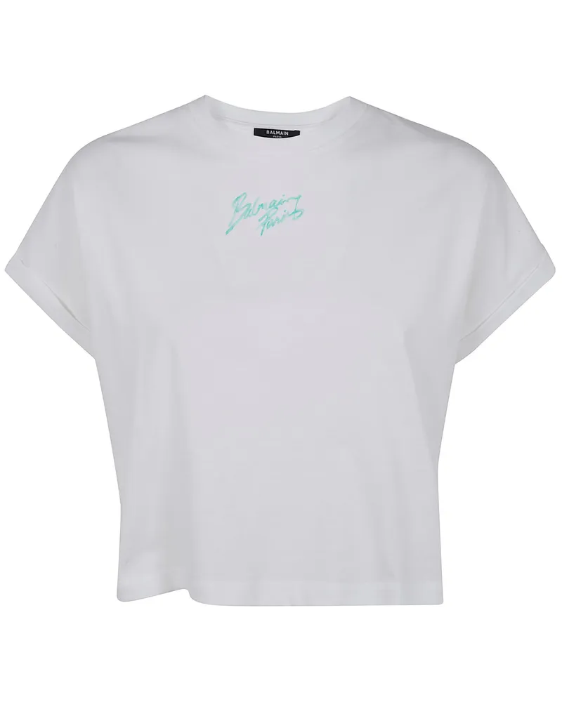 Balmain Short Sleeves "Balmain Paris" Cropped T-Shirt White