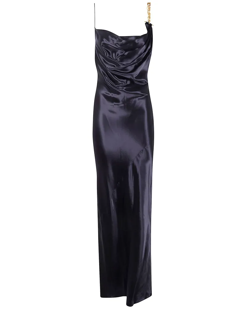 Balmain Thin Straps Gold Detail Satin Dress Black