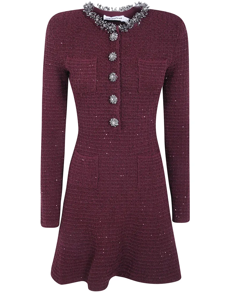 Self-Portrait Mini Dress Textured Knit "Burgundy Textured Knit Embelli Red