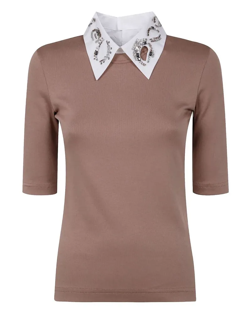Fabiana Filippi Ribbed Short Sleeve T-Shirt With Embroidered Beige