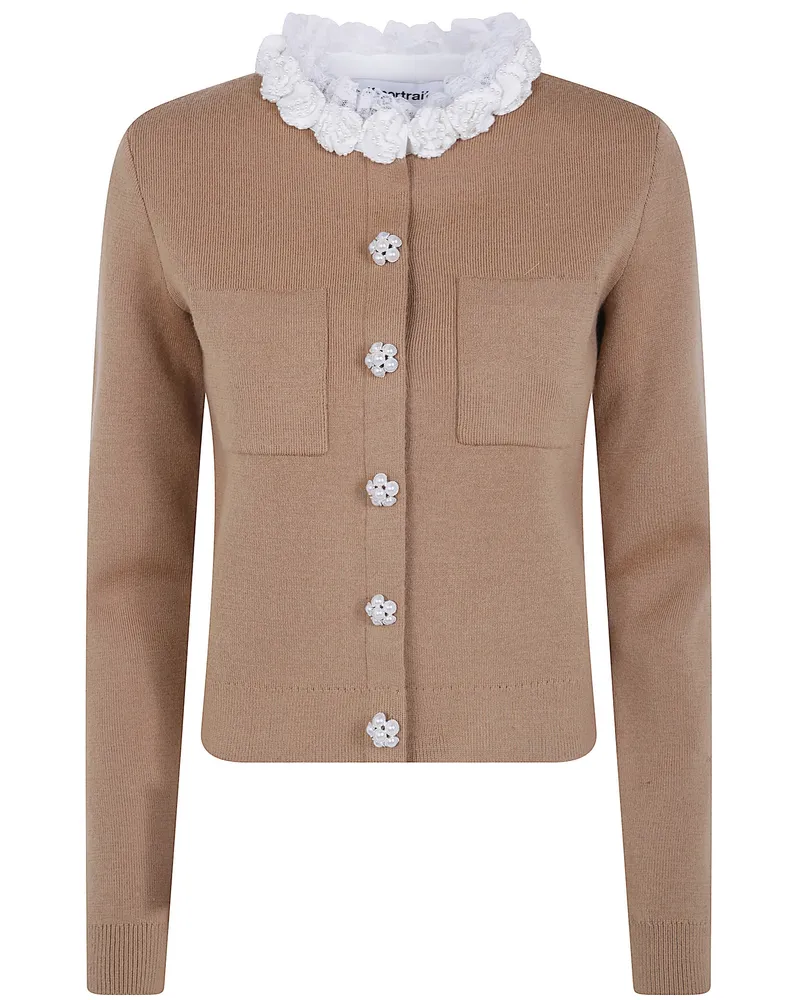 Self-Portrait Sweater With Lace Detail "Brown Embellished Knit Cardiga Brown