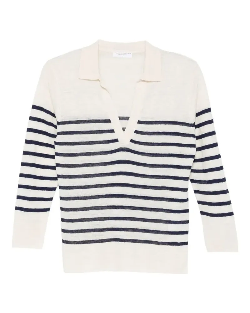 Majestic Oversized Linen 100 Stripes Polo Shirt Blue