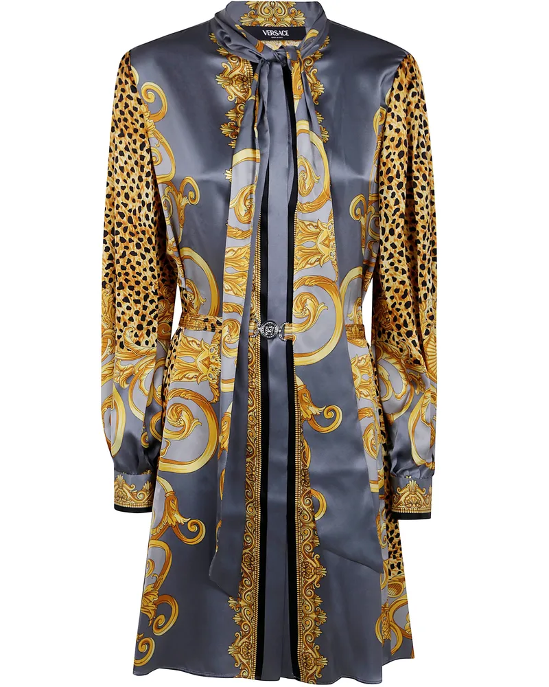 Versace Dress Cheetah Foulard On Silk Crepe Satin Lw Gray