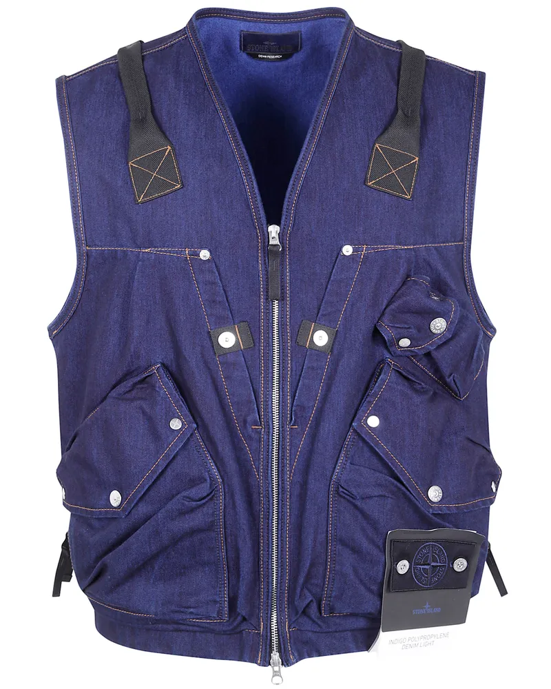 Stone Island Sleeves Less Denim Jacket Blue