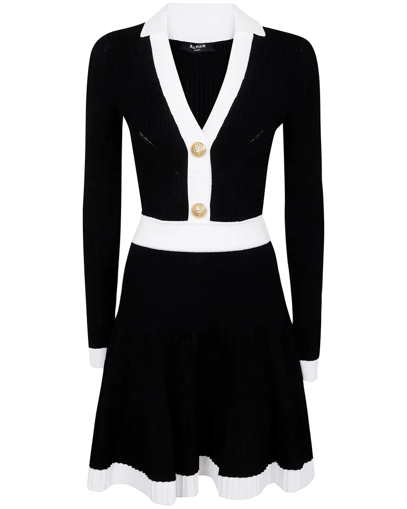 Balmain Long Sleeves V-Neck Flare Knit Dress Black