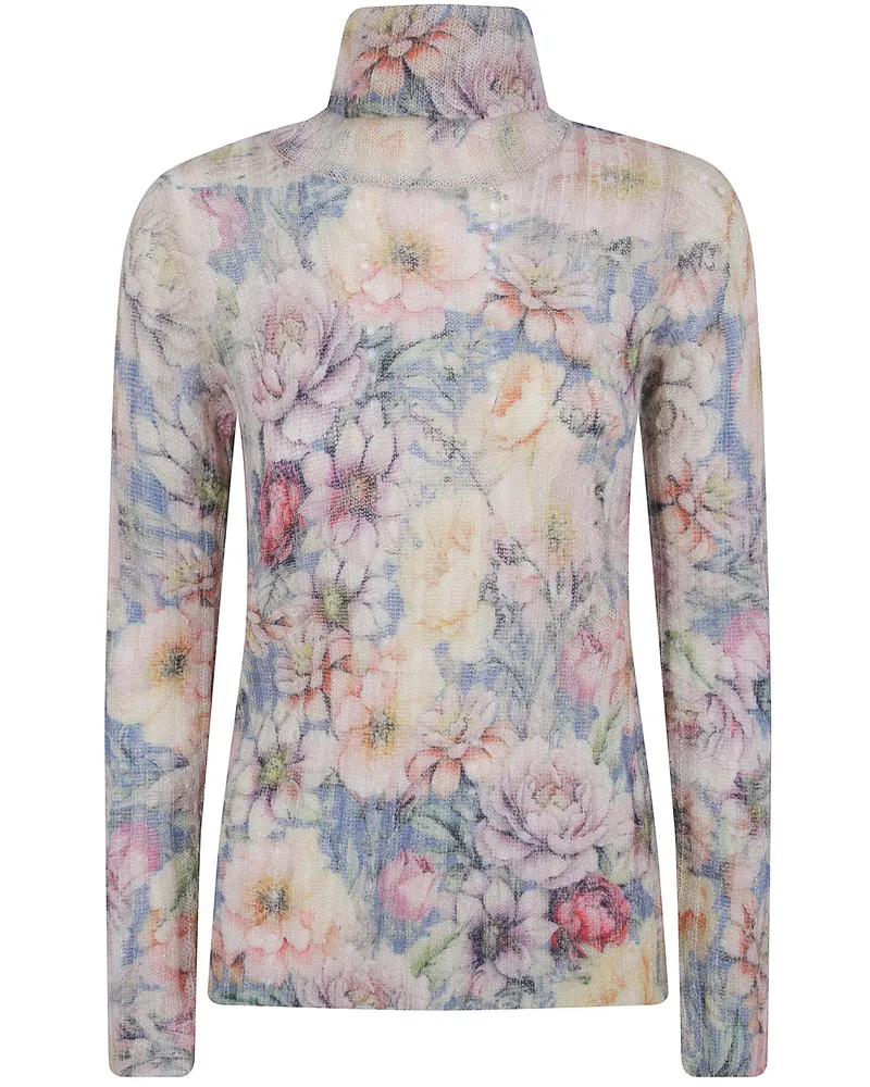 Twin-Set Turtleneck Sweater Floral "Flowers Blu Indigo Multicolor Blue