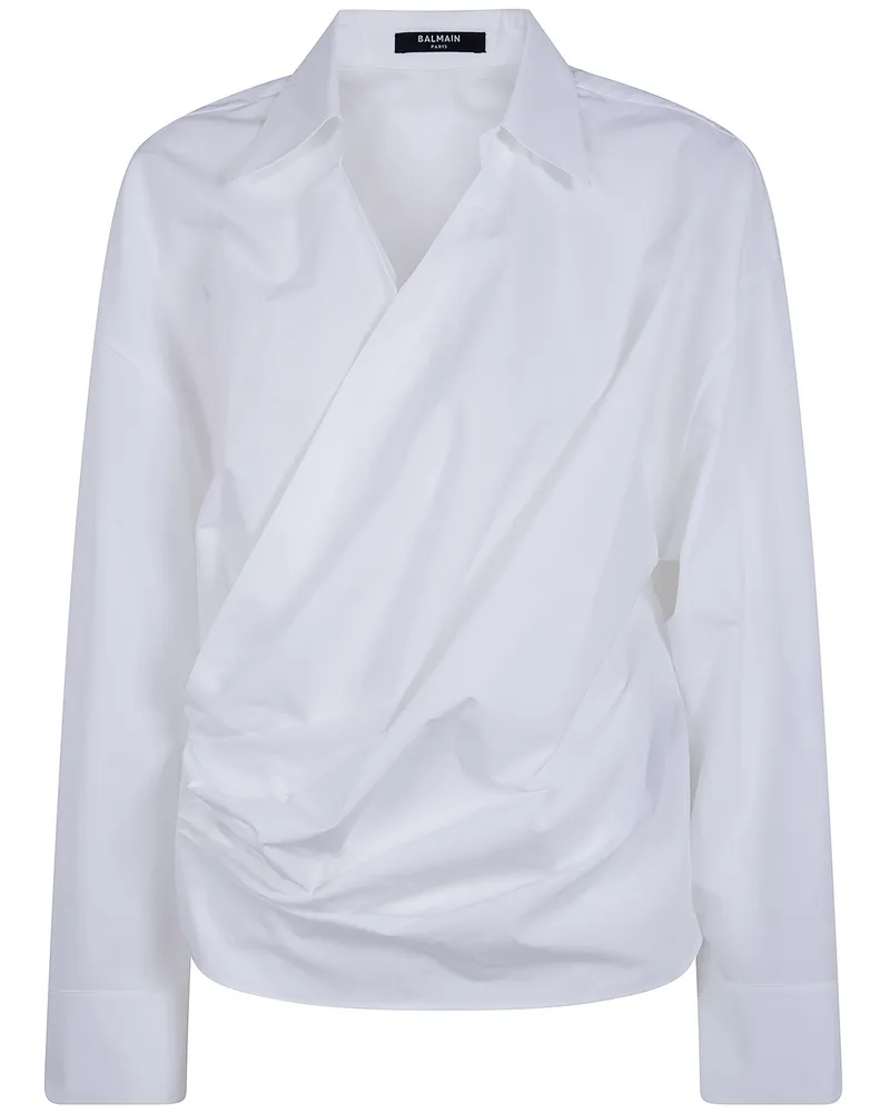 Balmain Cotton Draped Wrap Shirt White