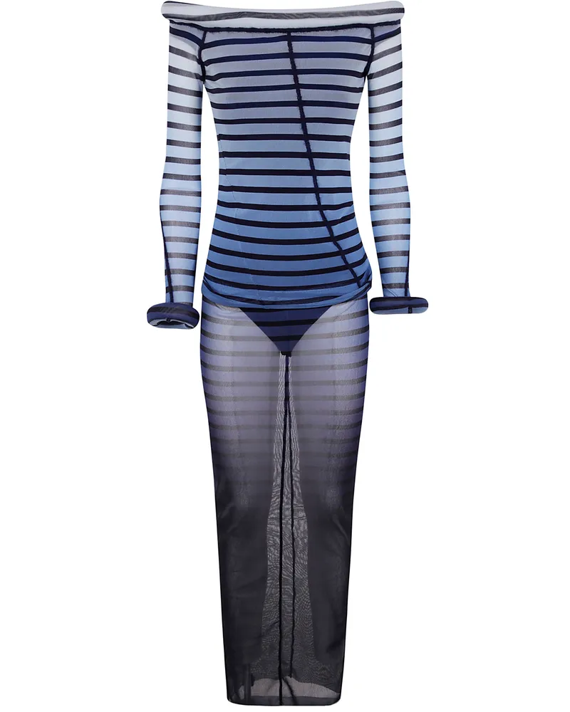 Jean Paul Gaultier Mesh Boat Neck Long Dress With 3D Collar And Cuff B Black