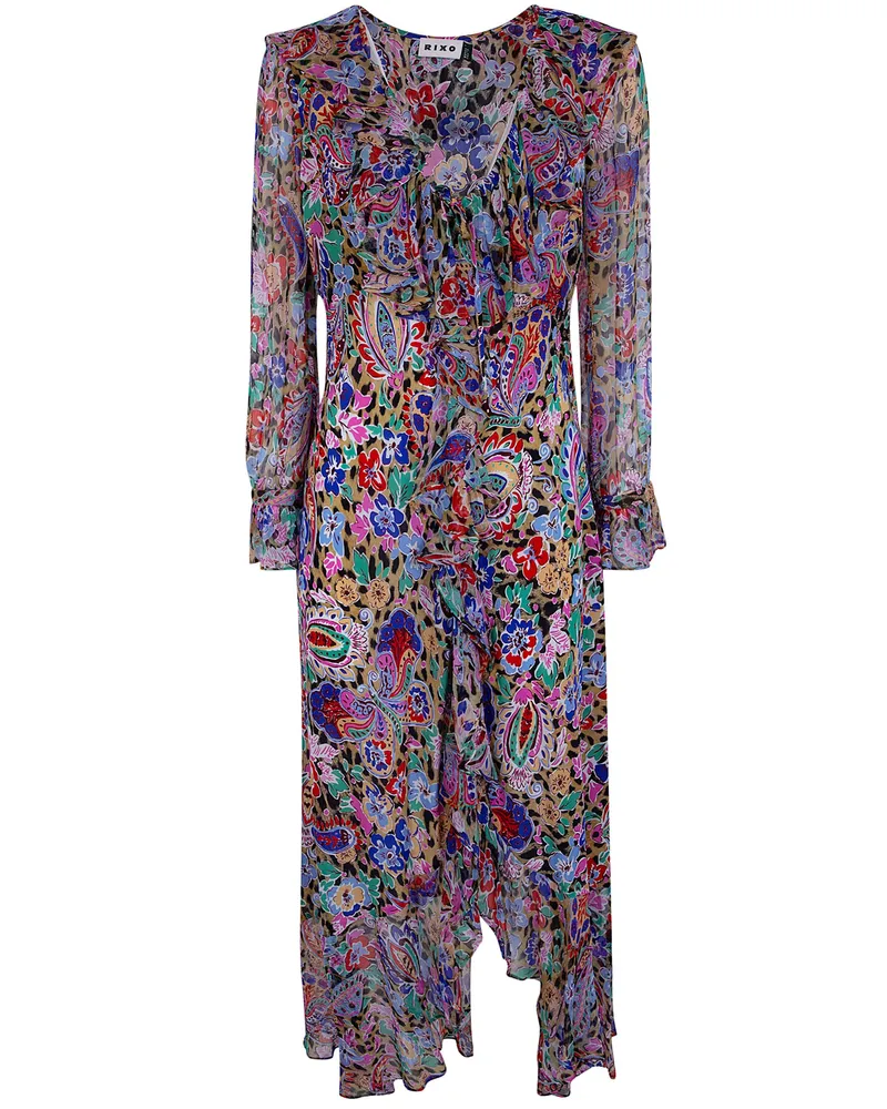 RIXO Gracye" Dress Cara Floral Leopard Brown Pink