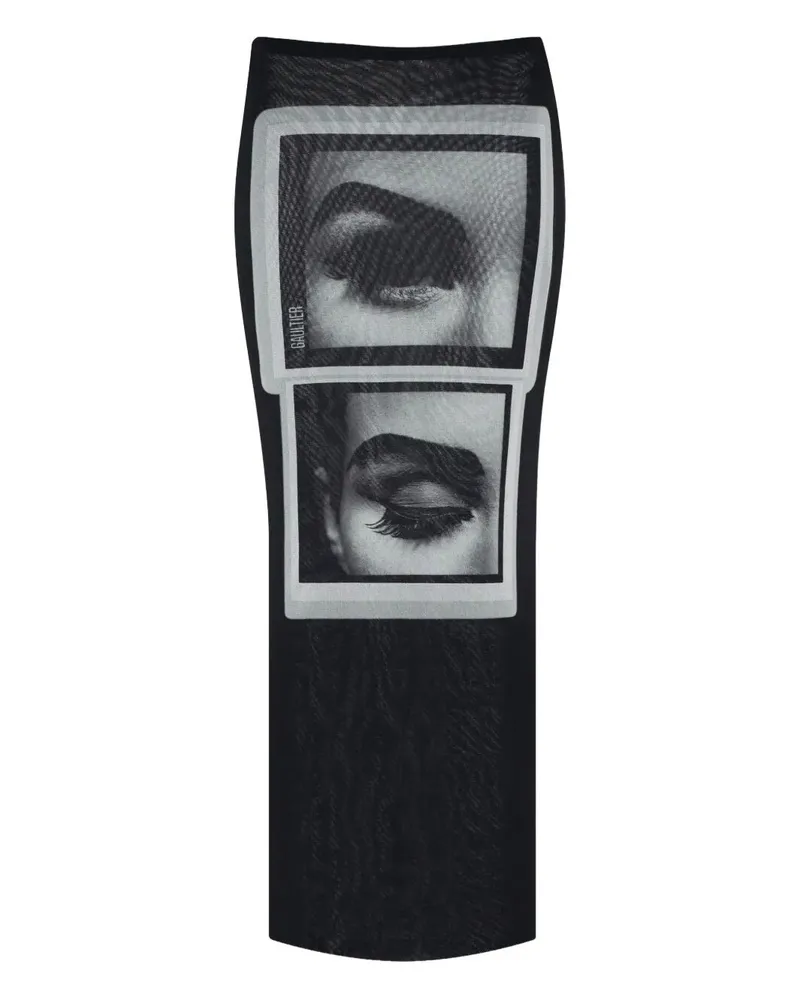 Jean Paul Gaultier Re-Edition: Mesh Long Skirt Printed "Eyes And Lips Black