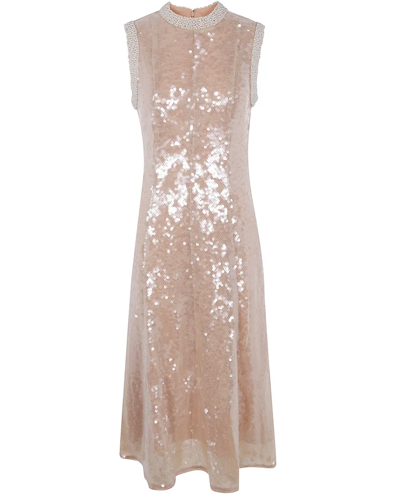 Self-Portrait Sequin Pearl Trim Midi Dress Beige