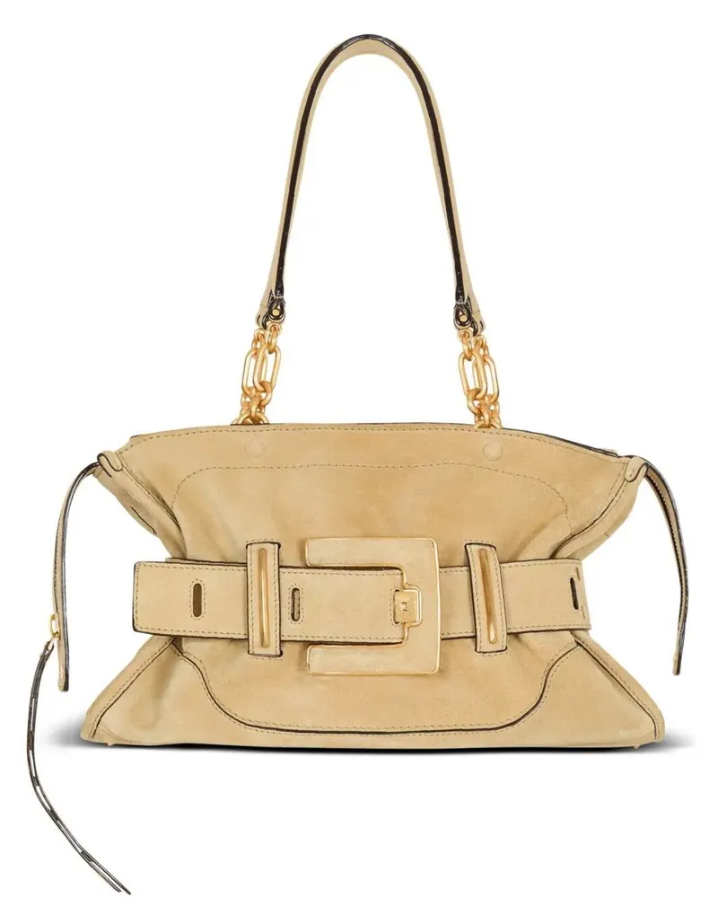Balmain Anthem" Suede Leather Shoulder Bag Beige
