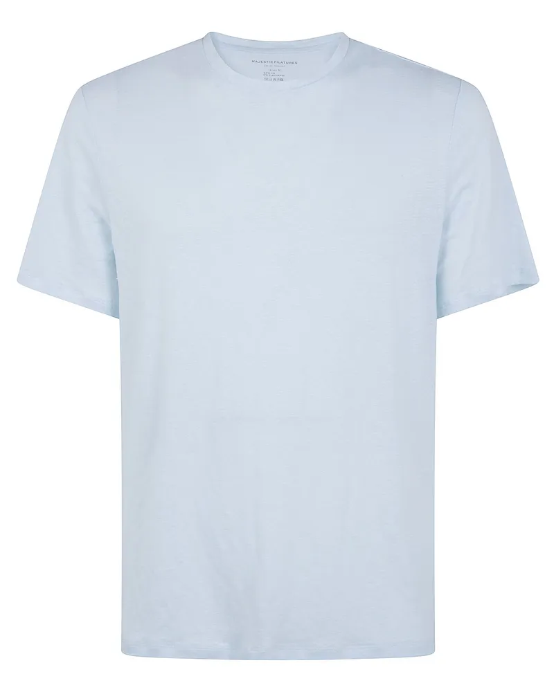 Majestic Solid Color Short Sleeves Round Neck Sweater Blue