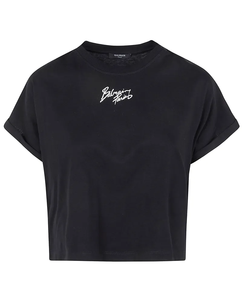 Balmain Short Sleeves "Balmain Paris" Cropped T-Shirt Black