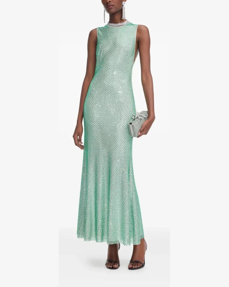 Self-Portrait Mint Rhinestone Mesh Midi Dress Green