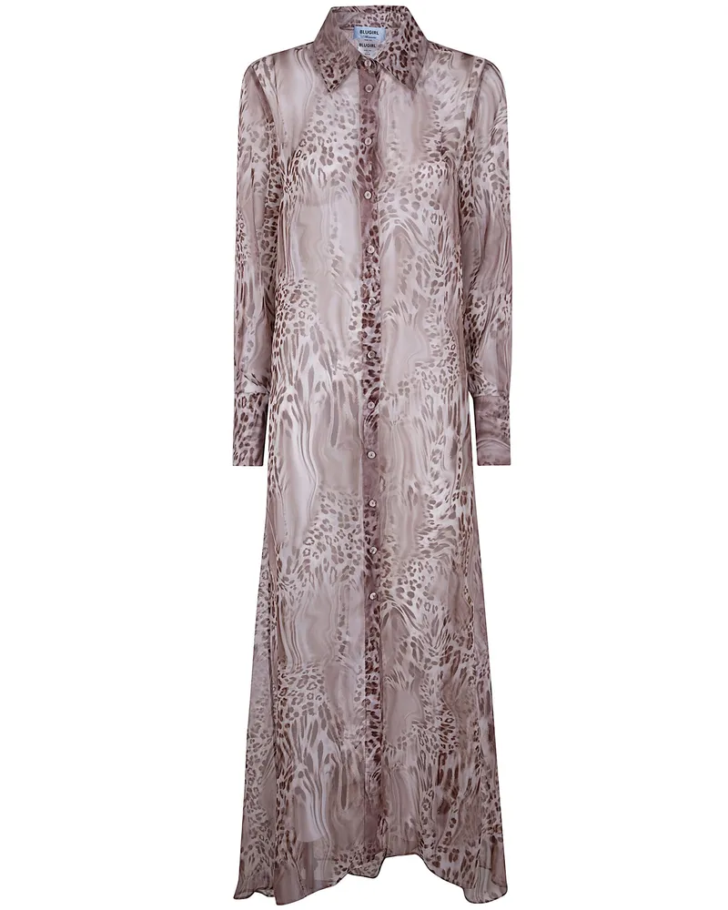 Blumarine Chiffon Animal Print Extra Long Shirt Brown