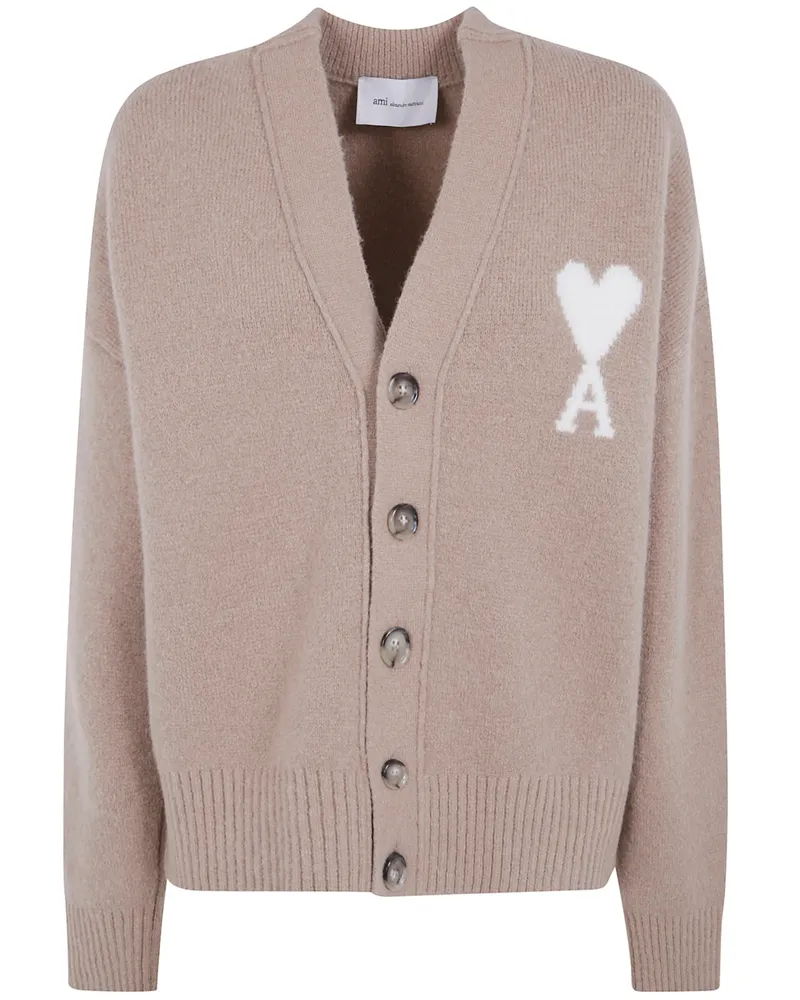 AMI Paris V-Neck Cardigan "Quota Ami De Coeur Beige